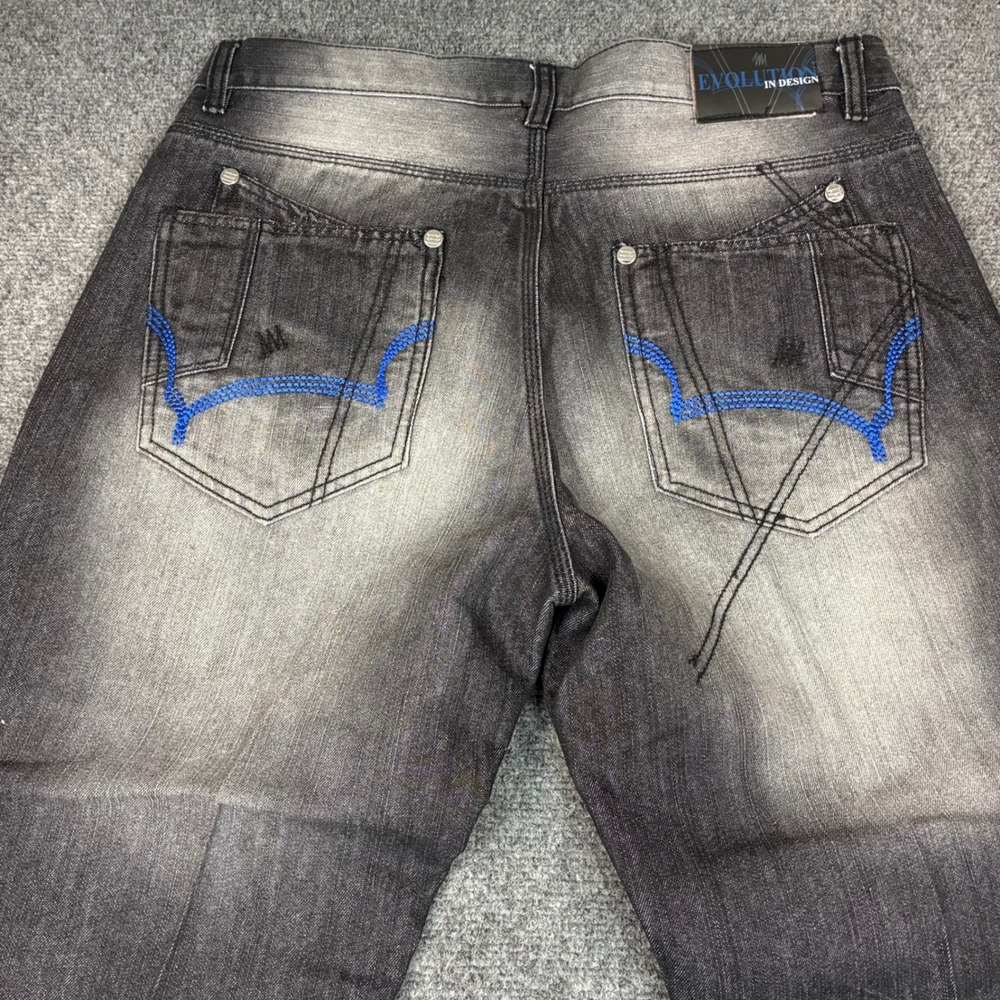 Evolution In Design Mens Acid Wash Jeans Black Grey‎ Blue Embroidery 36x34 0838